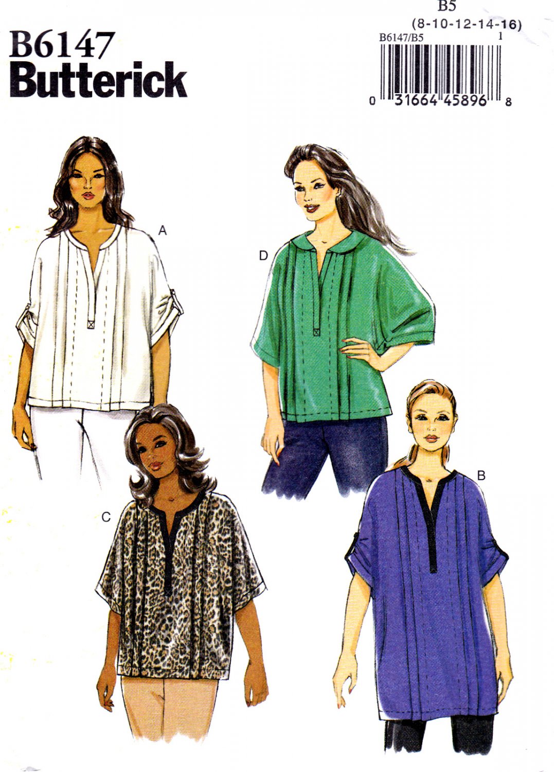 Butterick B6147 6147 Misses Womens Top and Tunic Pullover Sewing Pattern Sizes 8-10-12-14-16