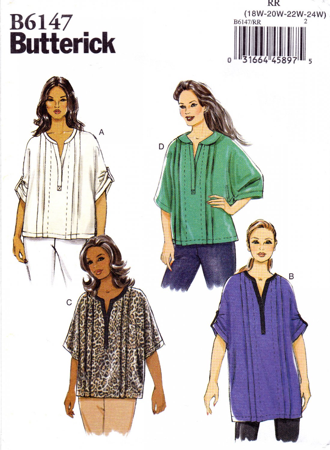Butterick B6147 6147 Womens Top and Tunic Pullover Sewing Pattern Sizes 18W-20W-22W-24W