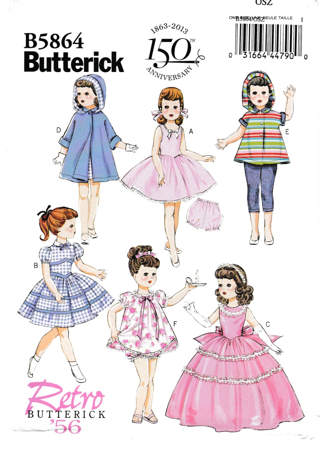Butterick B5864 5864 18" Doll Clothes 1956 Retro Style Wardrobe Size OSZ Sewing Pattern Many Styles