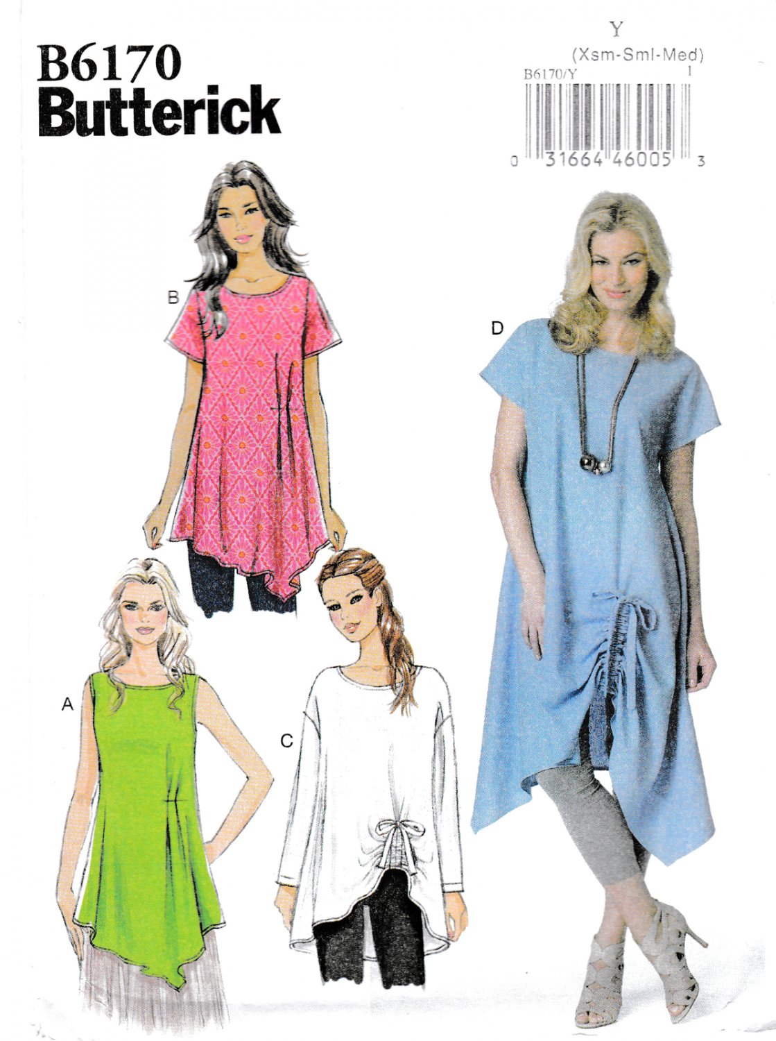Butterick B6170 6170 Misses Pullover Tunic Sewing Pattern Front Pleats Sizes Xsm-Sml-Med