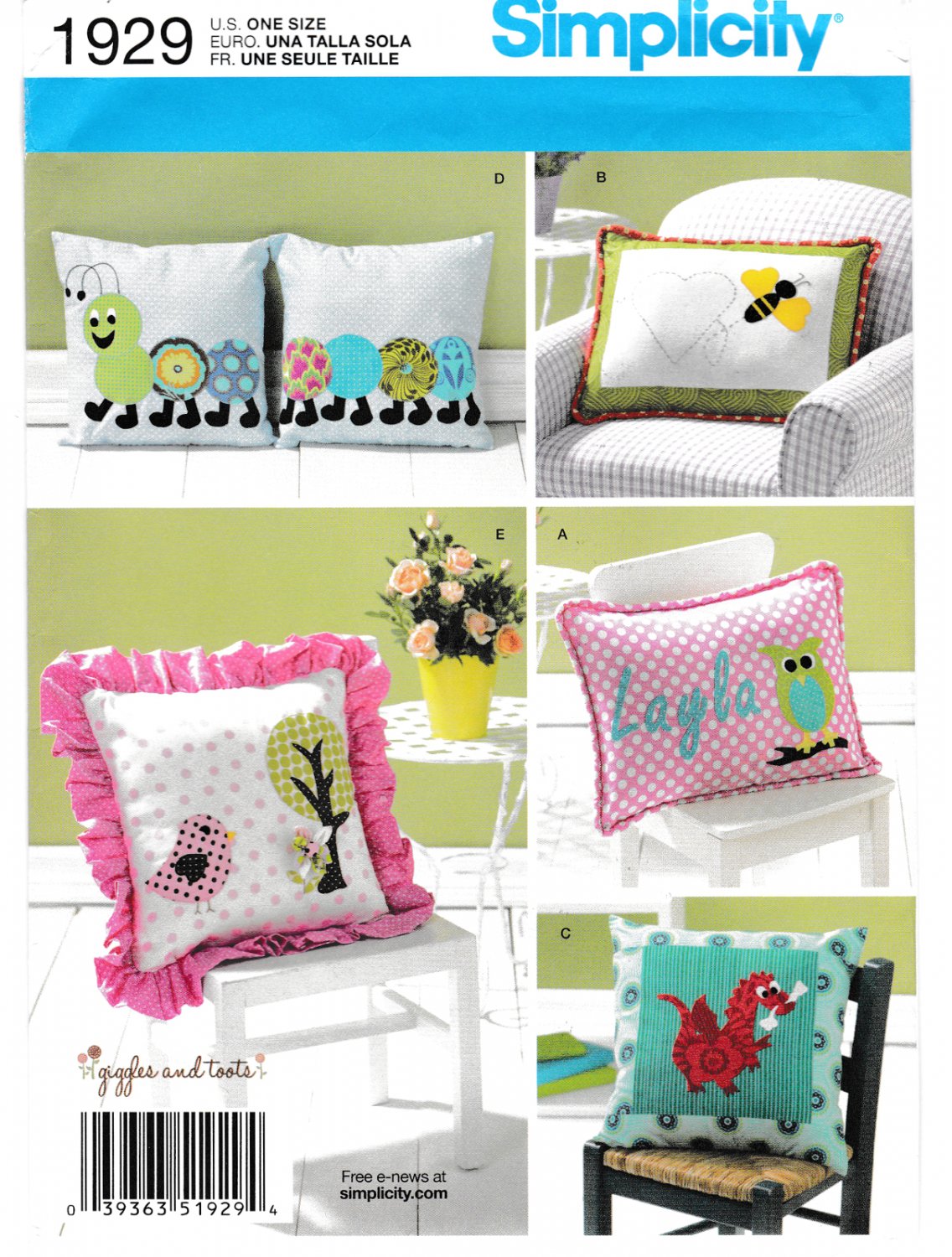 Simplicity 1929 Crafts Pillows Childrens Applique Bee Owl Dinosaur Bird Sewing Pattern Sizes OSZ