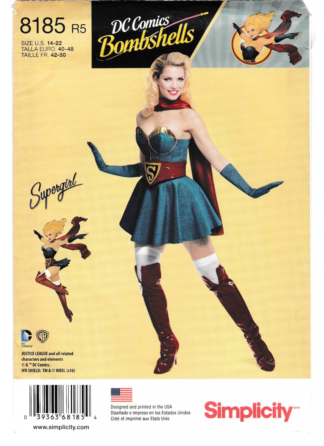 Simplicity 8185 Misses Sewing Pattern DC Comics Supergirl Bombshells Costume Sizes 14-16-18-20-22