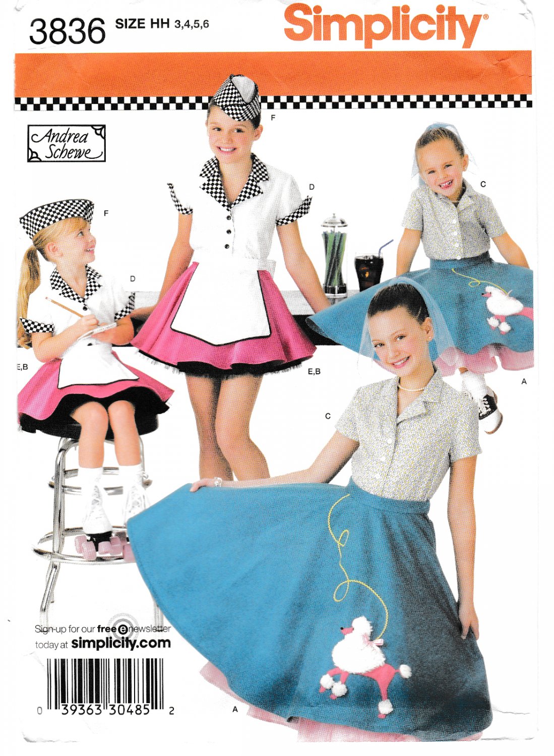 Simplicity 3836 Girls Costume Sewing Pattern Poodle Skirts Soda Fountain Outfits Child Sizes 3-4-5-6