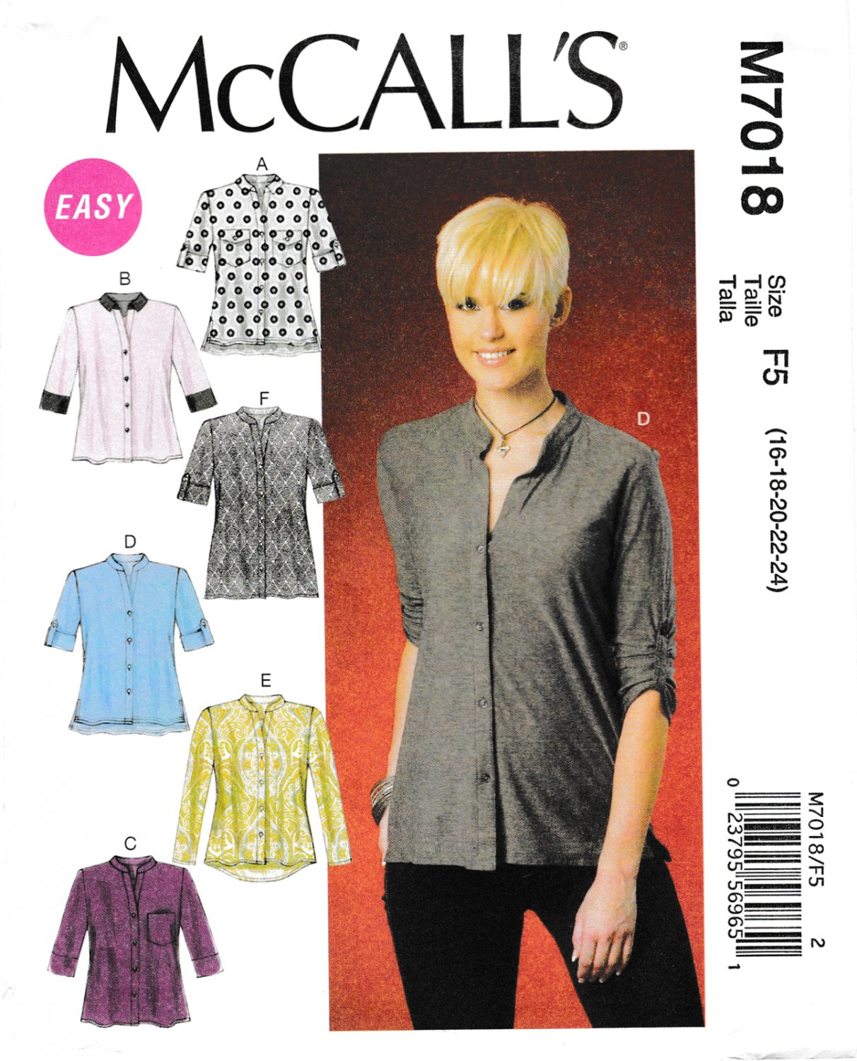 McCall's M7018 7018 Womens Tunics Tops Sewing Pattern Loose Fitting Easy Sizes 16-18-20-22-24