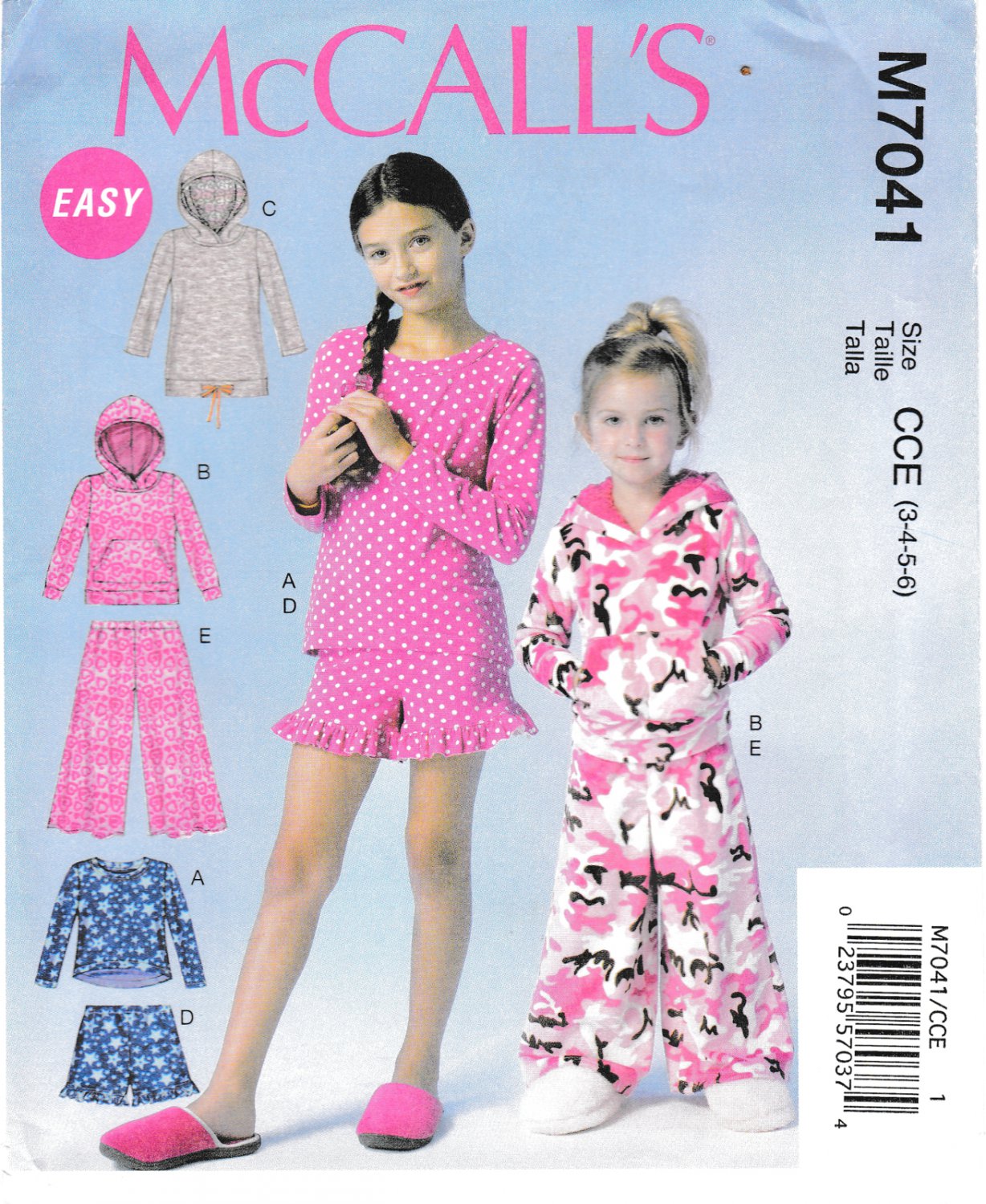 McCall's M7041 7041 Girls Tops Shorts Pants Pajamas Easy Sewing Pattern Childrens Sizes 3-4-5-6