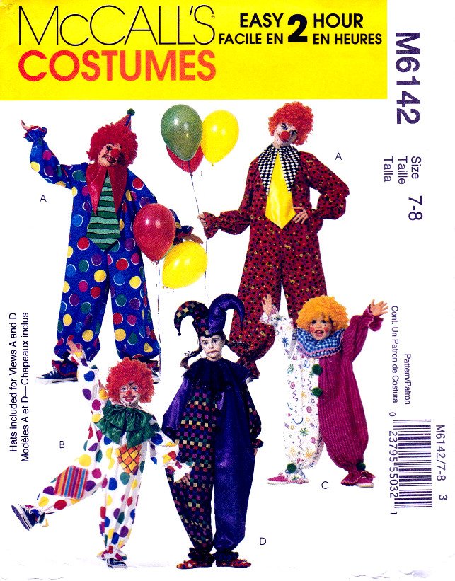 McCall's M6142 6142 Childrens Unisex Clown Costume Sewing Pattern Kids Sizes 7-8