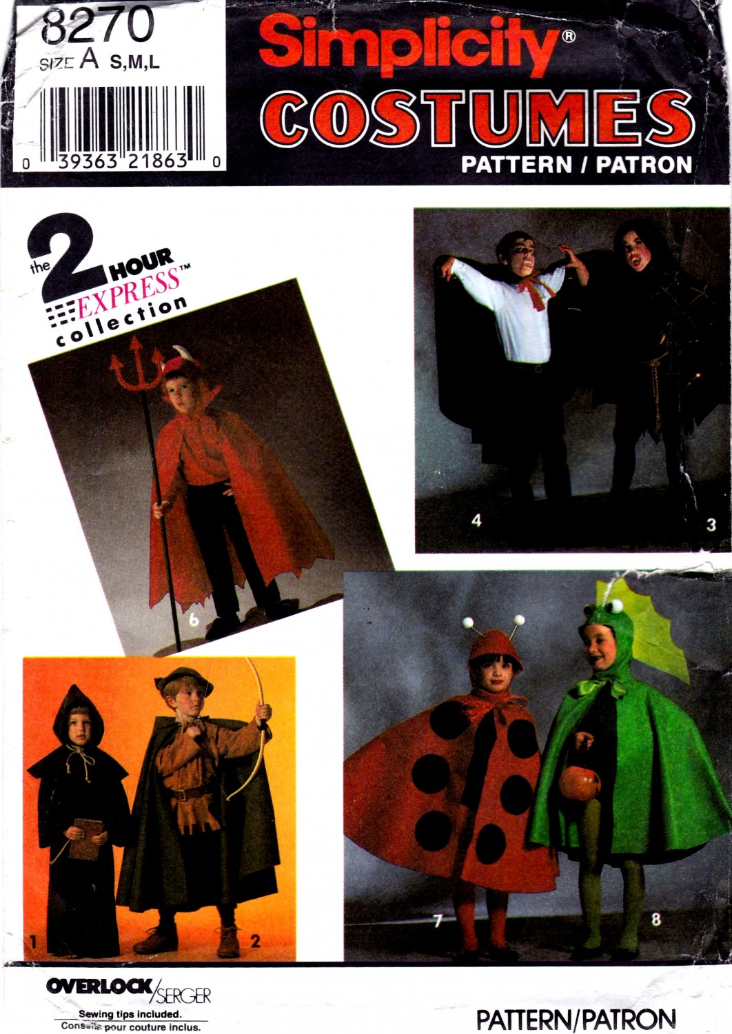 Simplicity 8270 Childs Costumes Devil Ladybug RobinHood FriarTuck Vampires Sewing Pattern Sizes 3-8