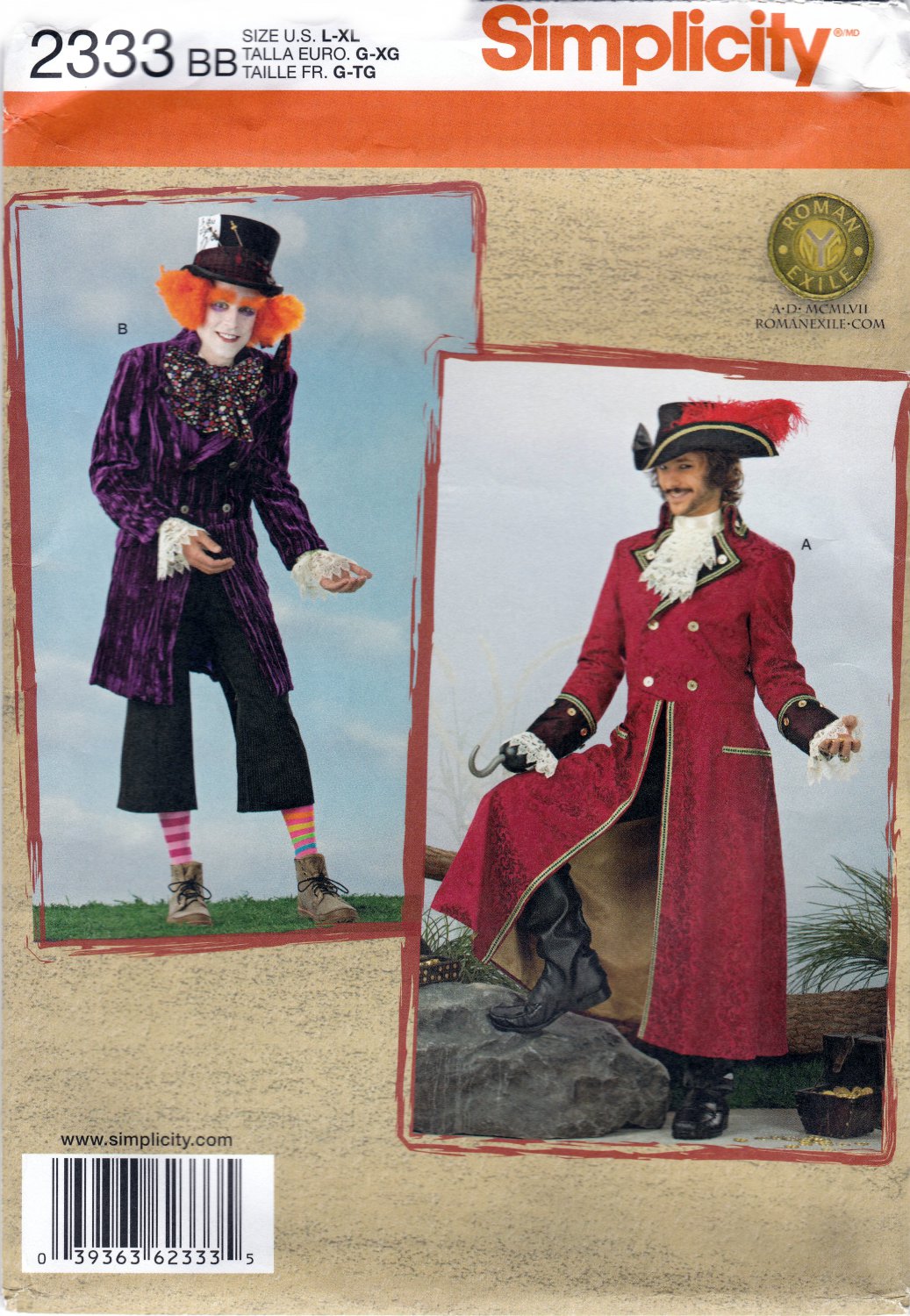 Simplicity 2333 Mens Costumes MadHatter Captain Hook Sewing Pattern Sizes L-XL