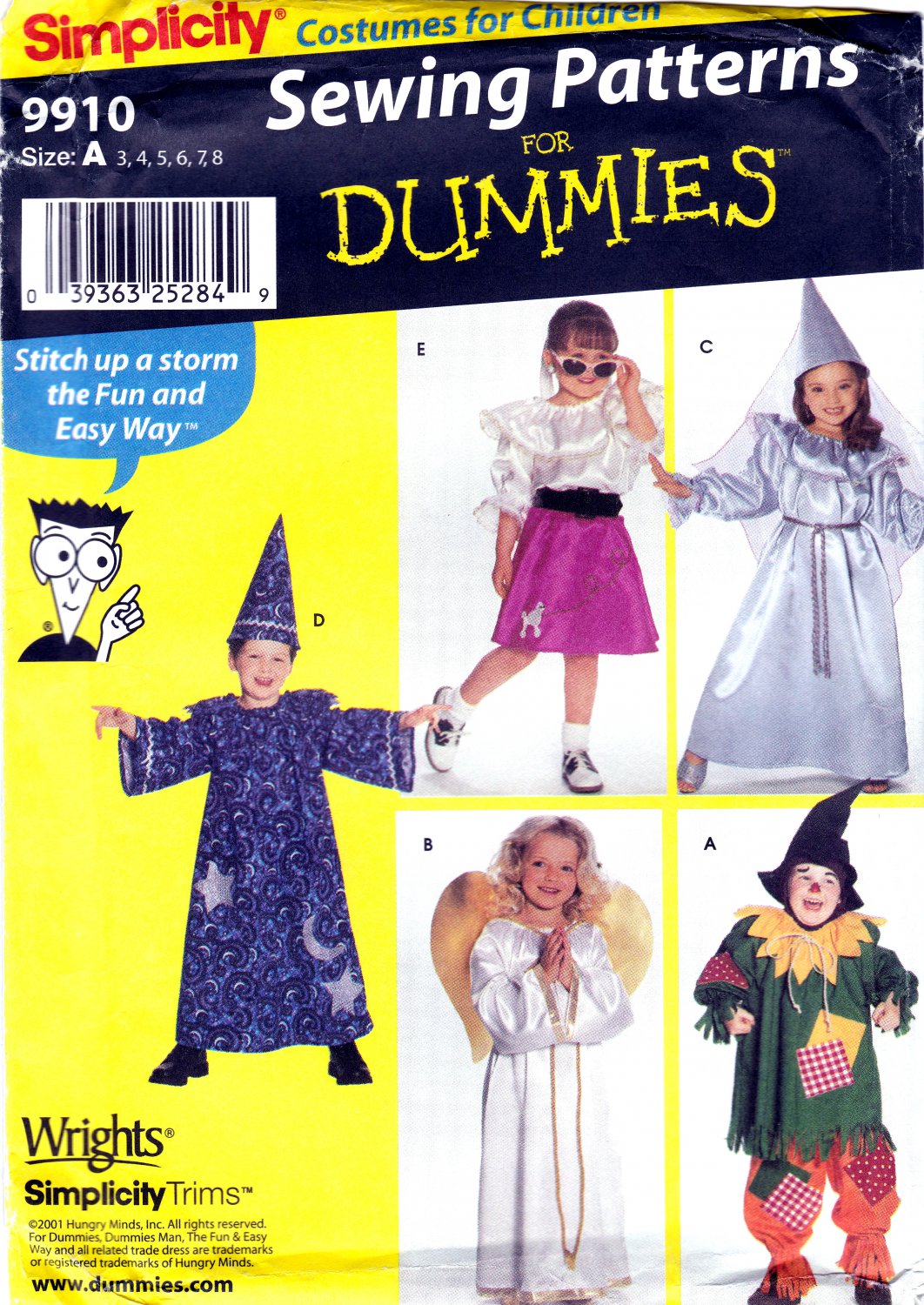 Simplicity 9910 Childs Costumes Clown Angel Scarecrow Easy Sewing Pattern Sizes 3-4-5-6-7-8