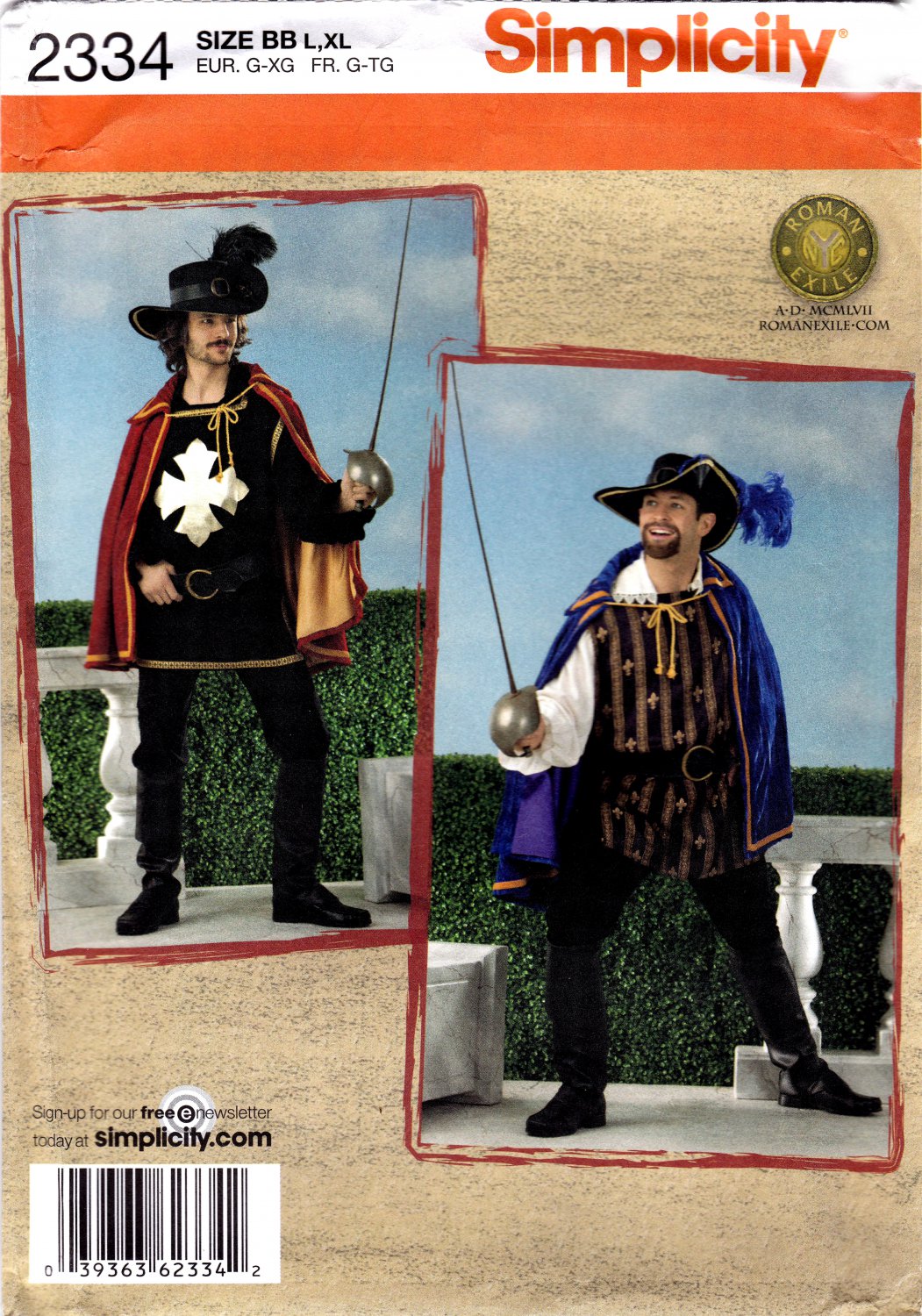 Simplicity 2334 Mens Musketeer Costumes Sewing Pattern Sizes L-XL