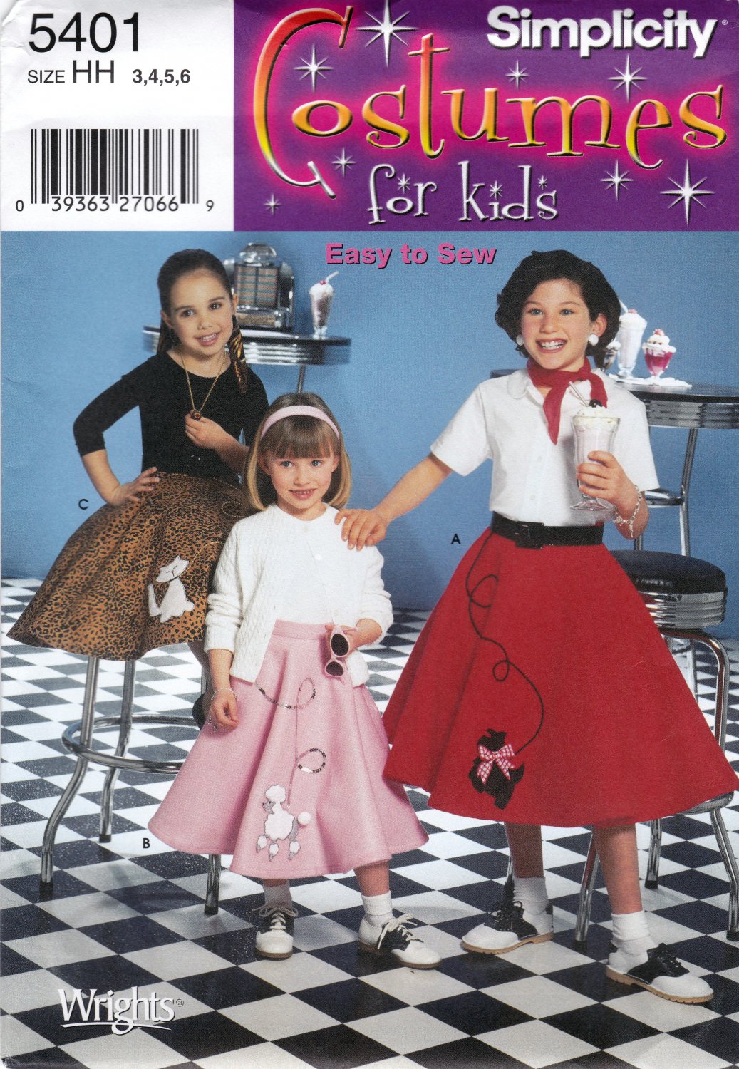 Simplicity 5401 Childs Poodle Skirts Costumes Sewing Pattern Sizes 3-4-5-6