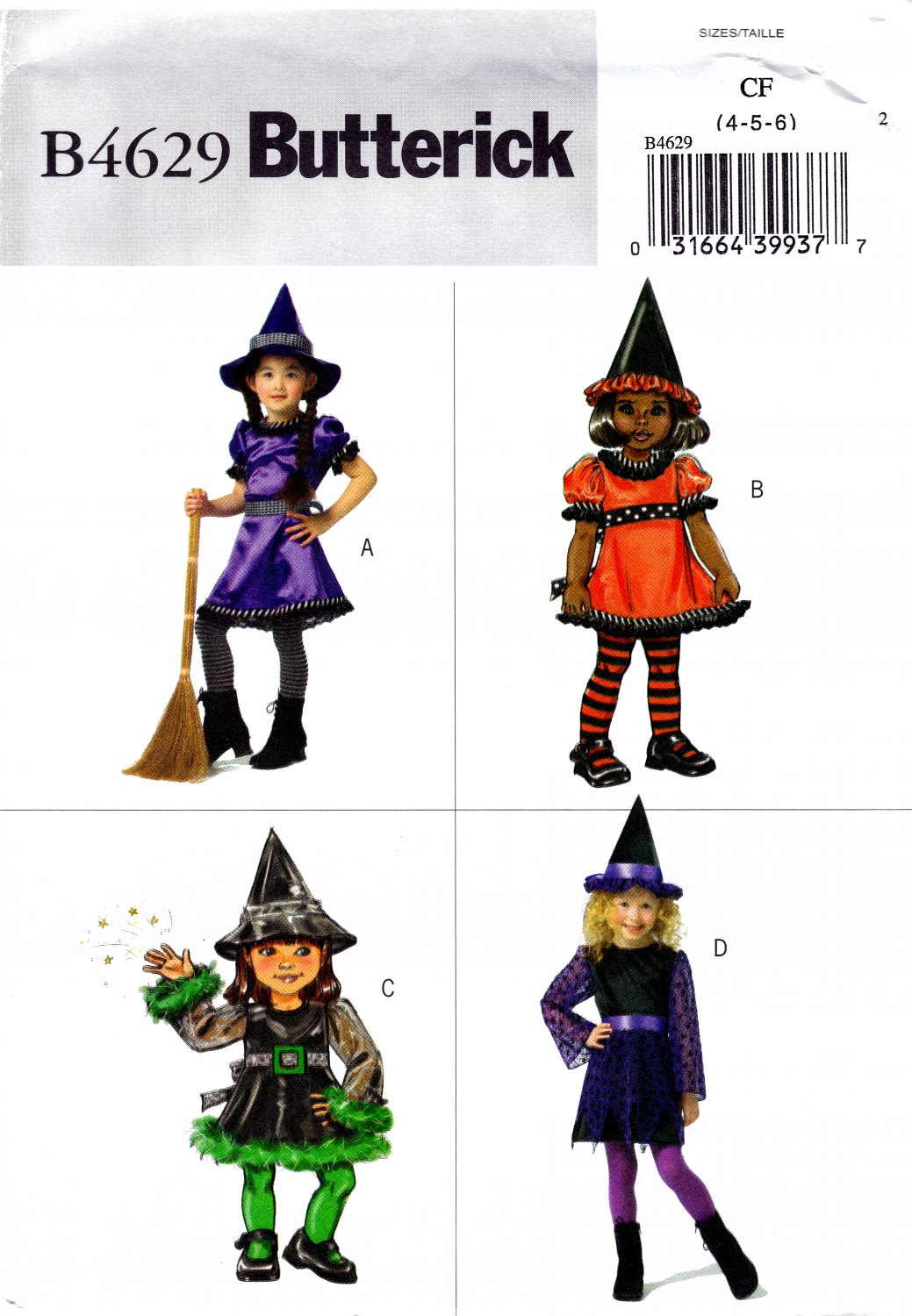 Butterick B4629 4629 Toddlers Childs Witch Costumes Sewing Pattern Sizes 4-5-6