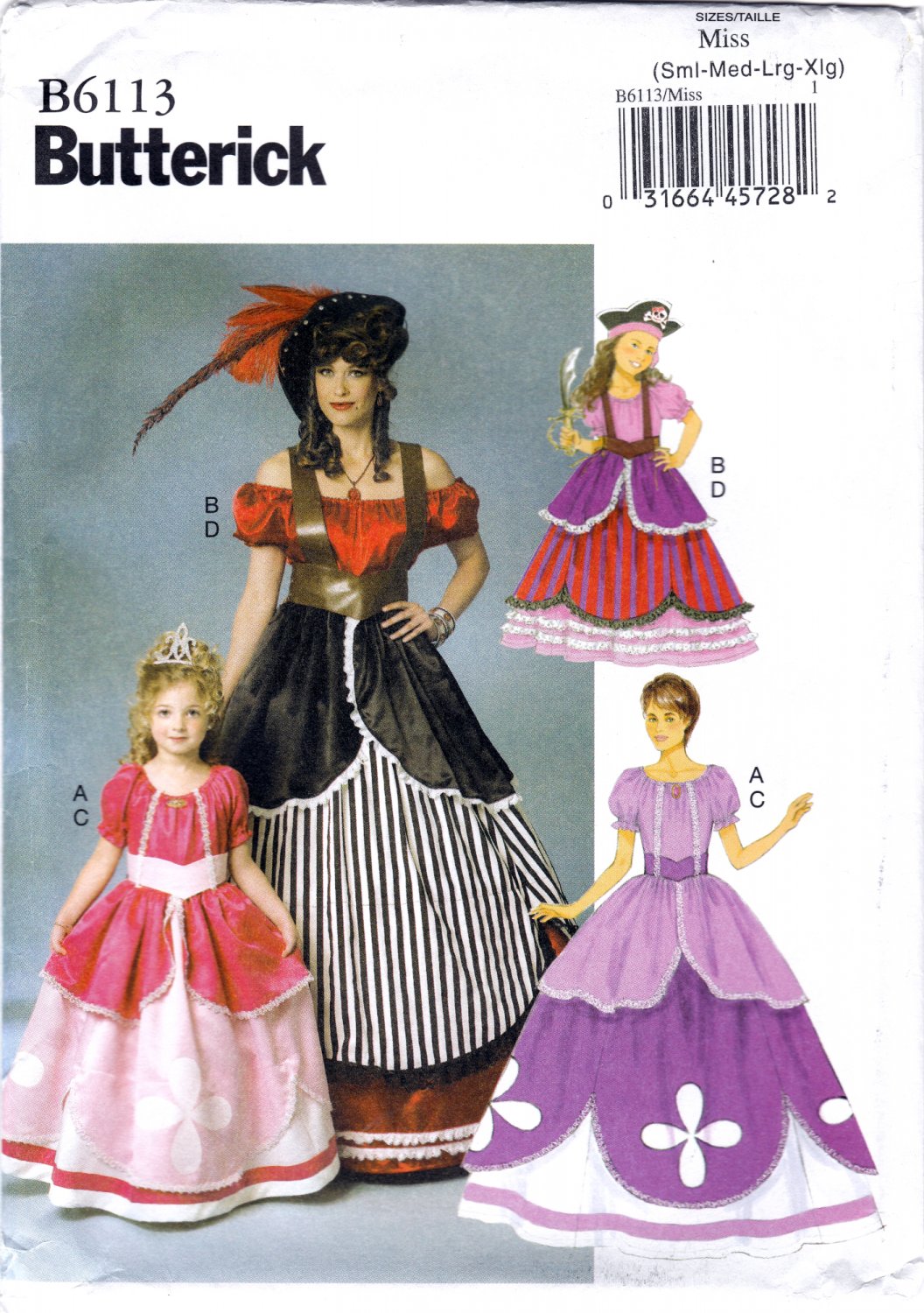 Butterick B6113 6113 Misses Costume Dresses Pirates Princesses Sewing Pattern Sizes Sml-Med-Lrg-XL
