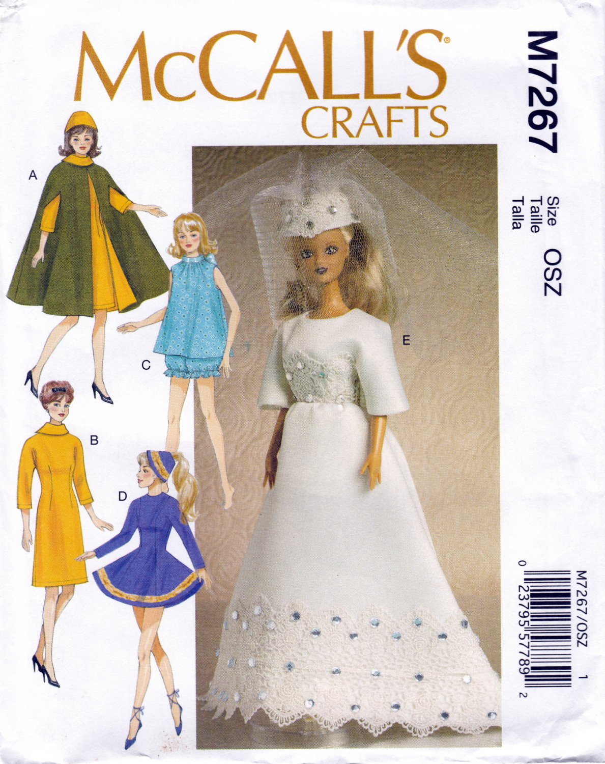 McCall's M7267 7267 Clothes 11 1/2" Doll Bridal Gown Retro Dresses Crafts Sewing Pattern Sizes OSZ