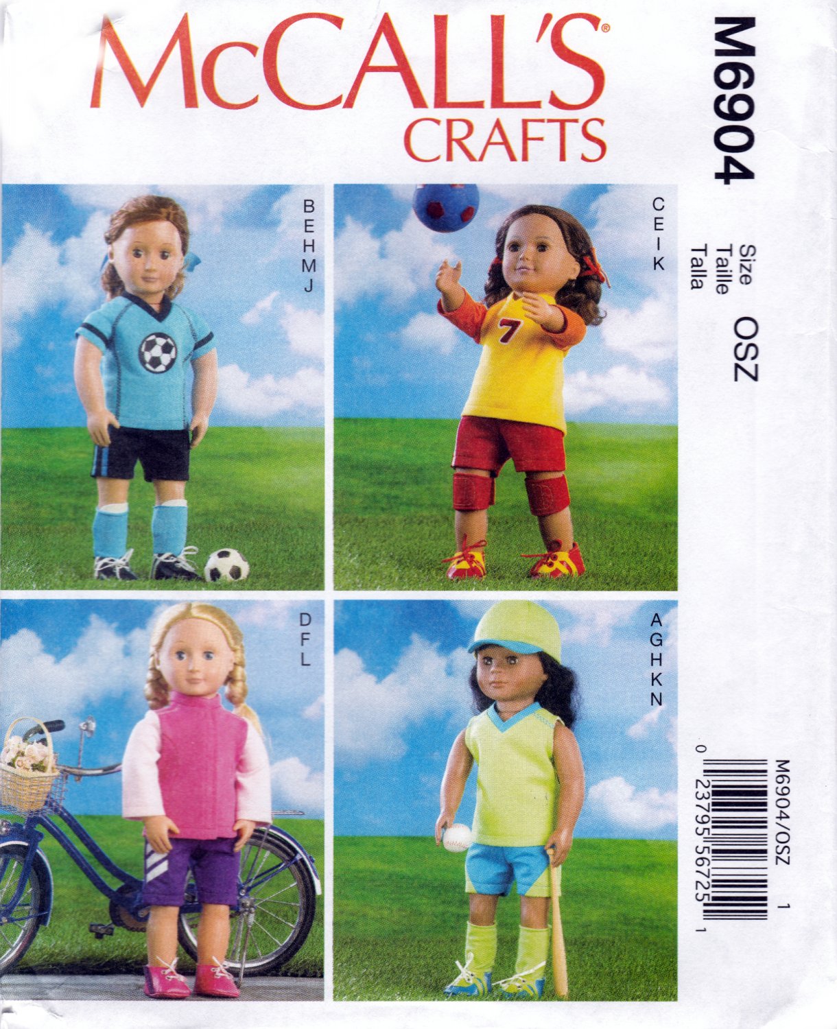 McCall's M6904 6904 Clothes 18" Doll Sports Soccer Baseball Cycling Crafts Sewing Pattern Sizes OSZ