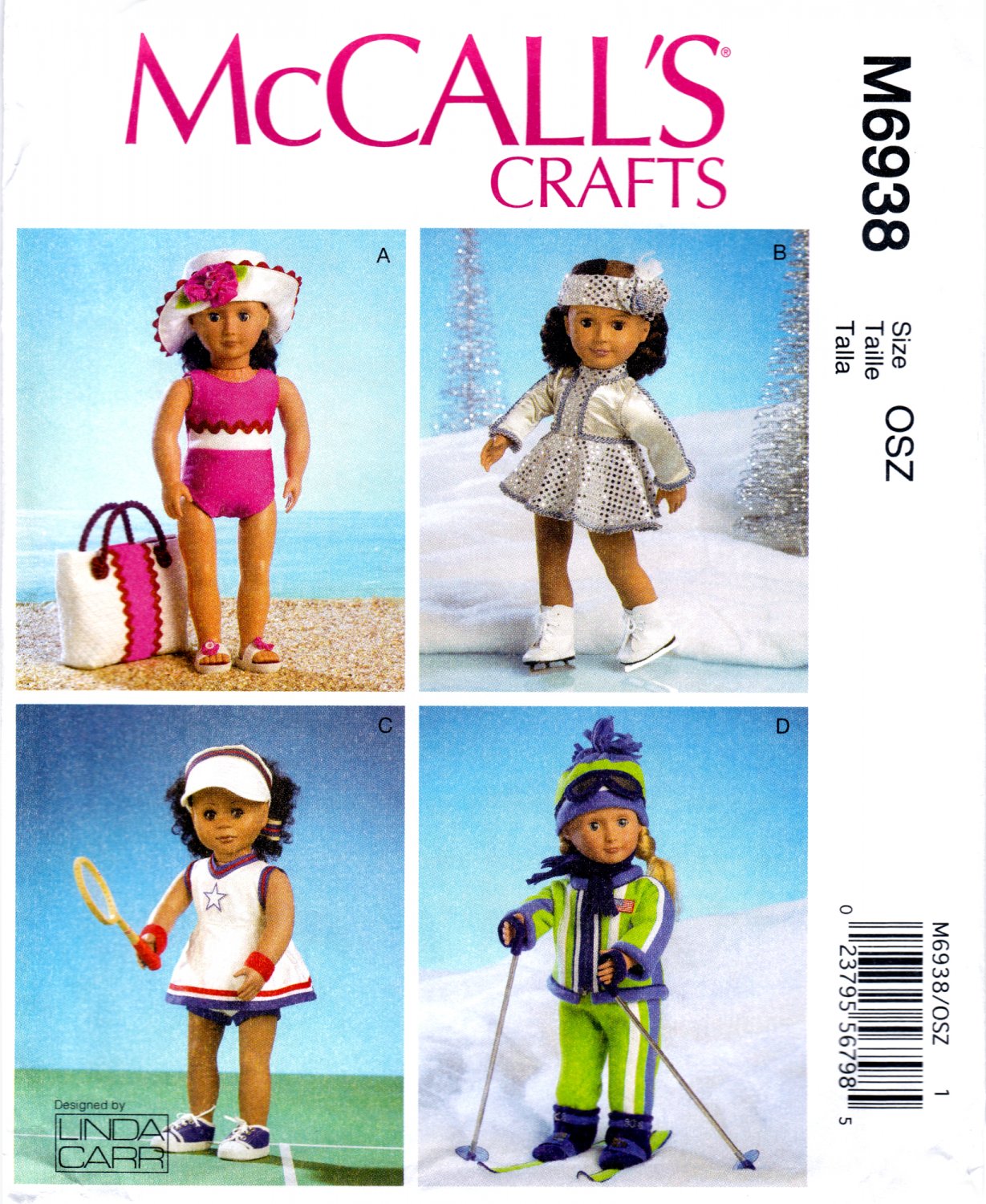 McCall's M6938 Clothes 18" Doll Sports Skater Skiing Tennis Bathing Crafts Sewing Pattern Sizes OSZ