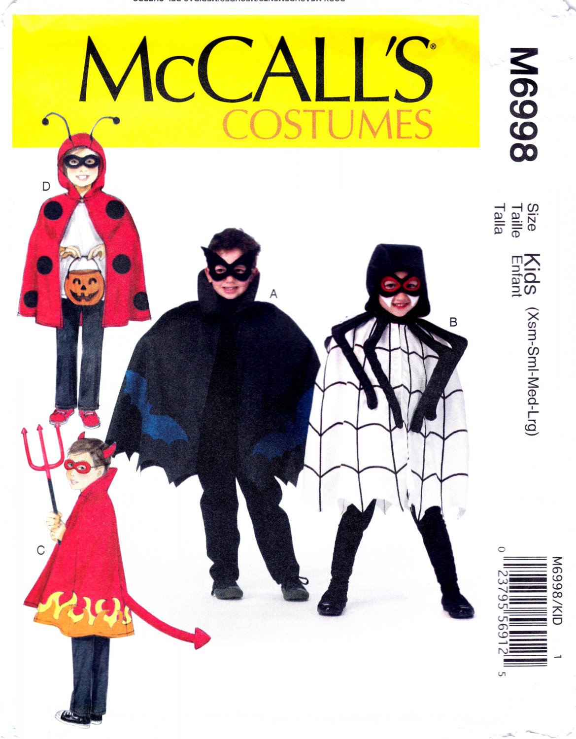 McCall's M6998 6998 Childs Caped Costumes Spider Bat Ladybug Devil Sewing Pattern Sizes XS-S-M-L