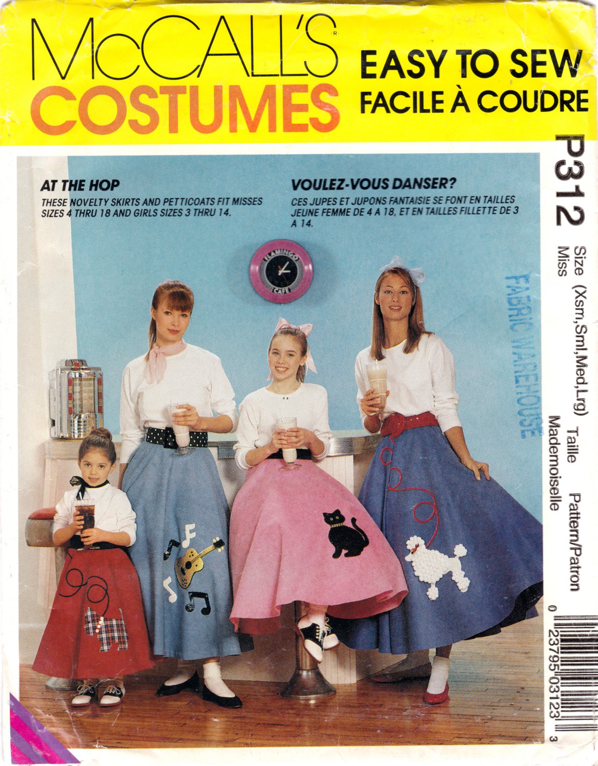 McCall's P312 or 7253 Misses Costume Poodle Skirts Sewing Pattern Sizes Xsm-Sml-Med-Lrg