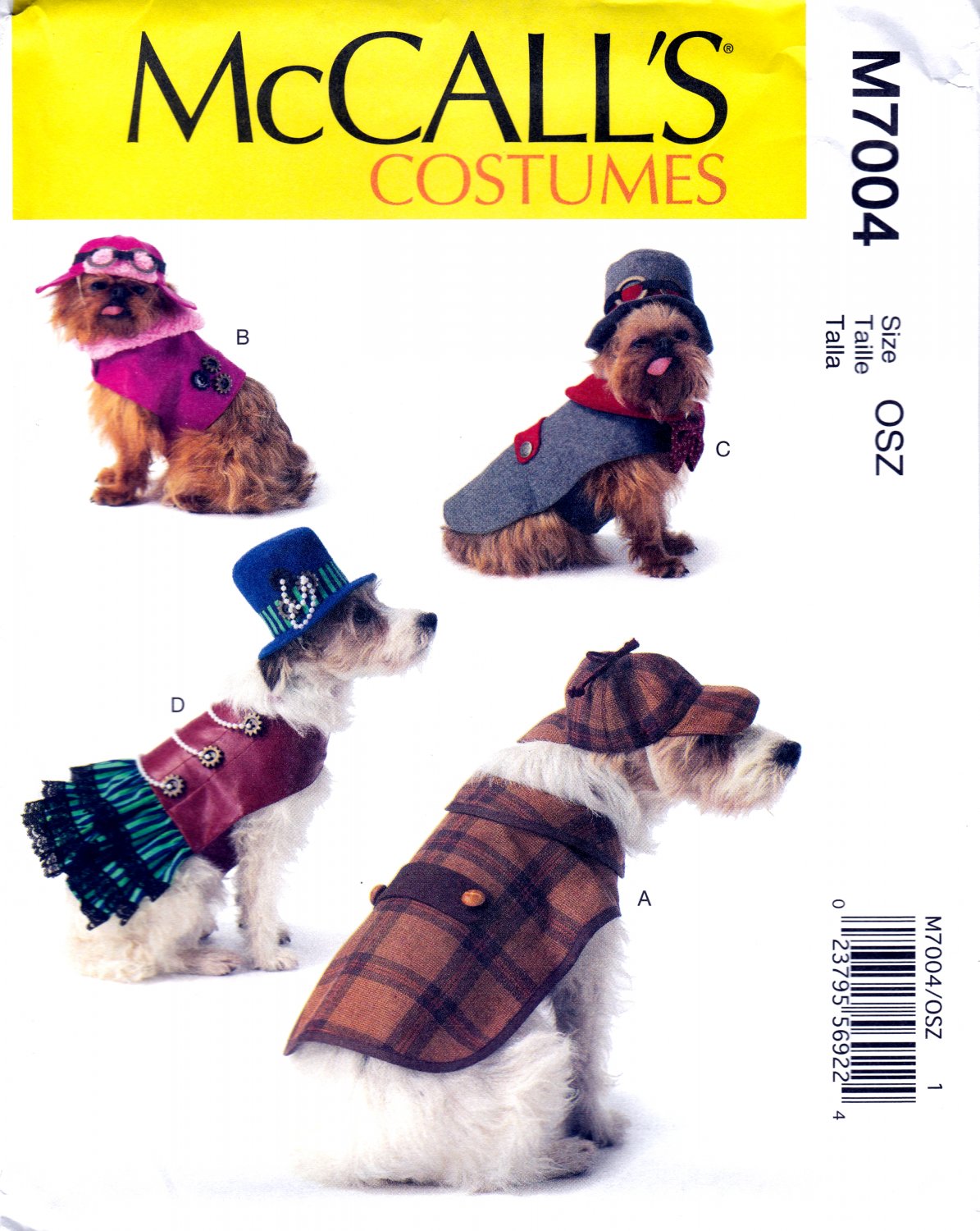 McCall's M7004 7004 Dog Costumes Male and Female Designs Coat Hats Sewing Pattern Size OSZ
