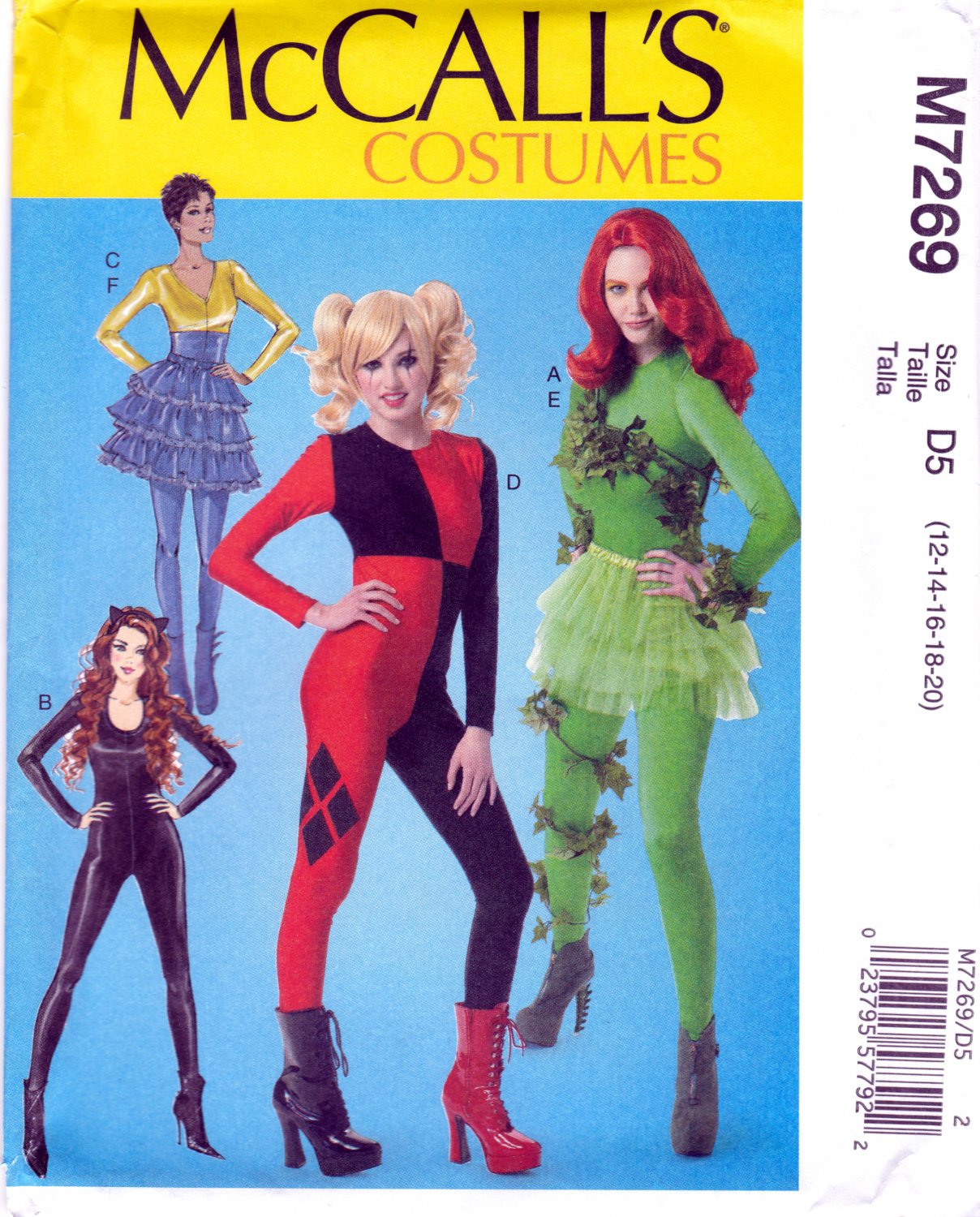 McCall's M7269 7269 Misses Costumes Harley Quinn Poison Ivy Cat Body Sewwing Pattern Sizes 12-20