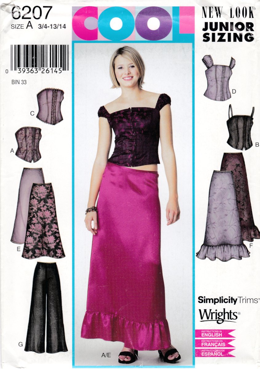 New Look 6207 Junior Misses Tops Skirt Pants Corset Many Styles Sewing Pattern Sizes 3/4-13/14