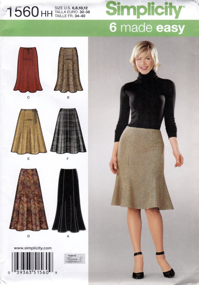 Simplicity 1560 Misses Skirts Two Lengths Easy Sewing Pattern Sizes 6,8,10,12