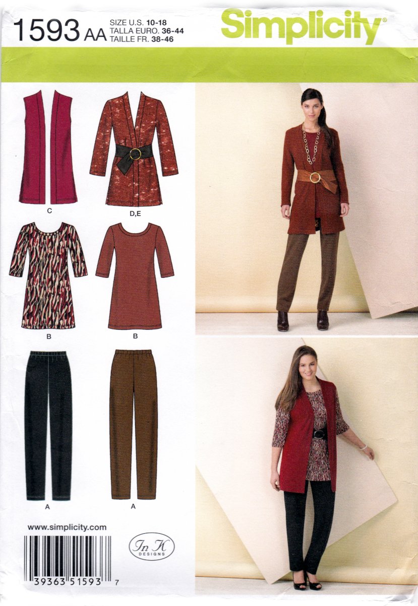 Simplicity 1593 Misses Slim Pants Tunic Jacket Vest Belt Womens Sewing Pattern Sizes 10-18