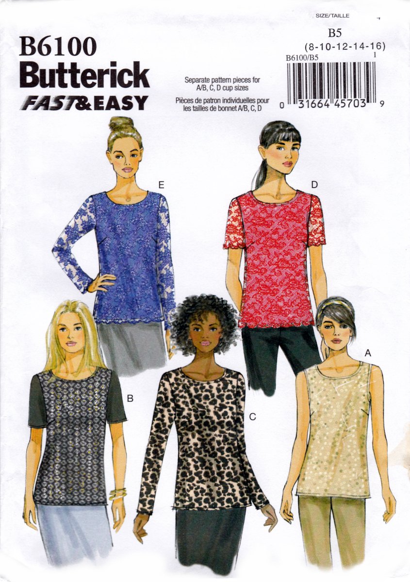 Butterick B6100 6100 Misses Tops Semi Fitted Pullover Sewing Pattern Sizes 8-10-12-14-16
