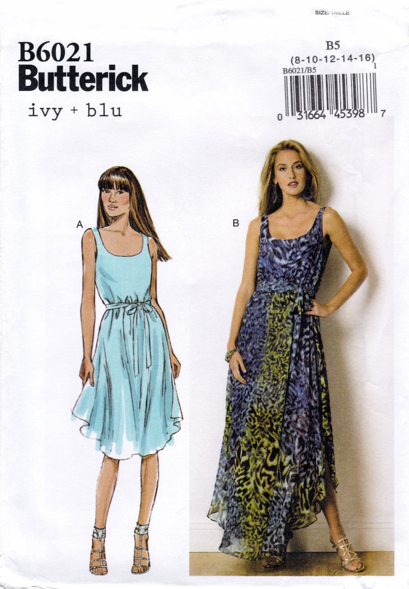 Butterick B6021 6021 Misses Sleeveless Dress Two Lengths Belt Sewing Pattern Sizes 8-10-12-14-16
