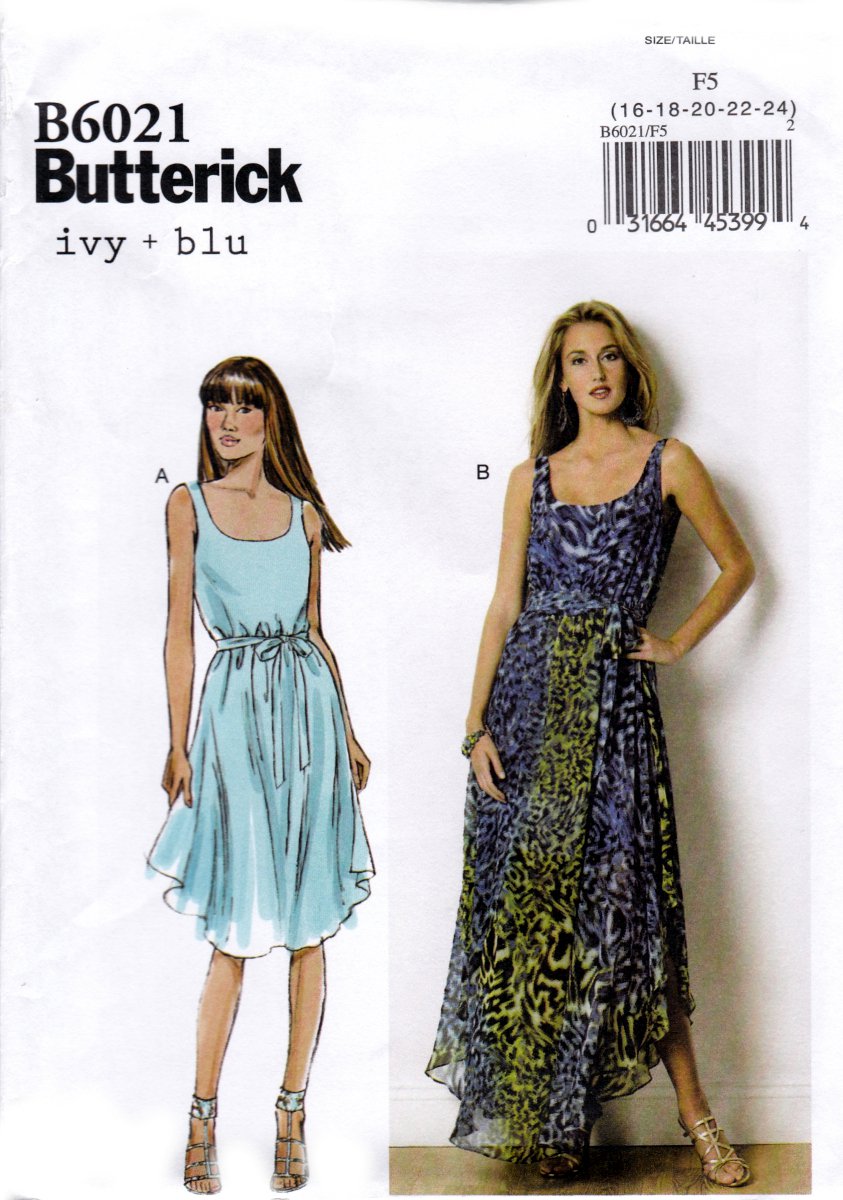 Butterick B6021 6021 Misses Sleeveless Dress Two Lengths Belt Sewing Pattern Sizes 16-18-20-22-24