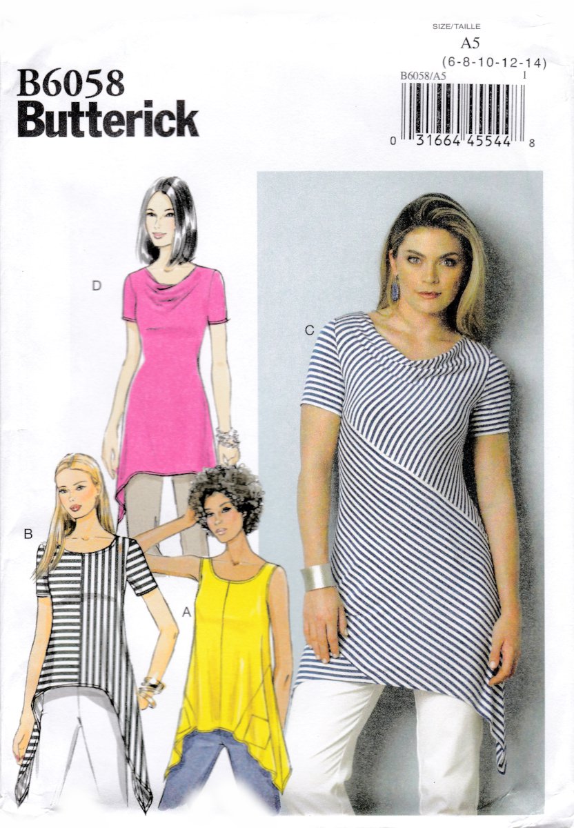 Butterick B6058 6058 Misses Tops Tunic Close Fitting Knits Sewing Pattern Sizes 6-8-10-12-14