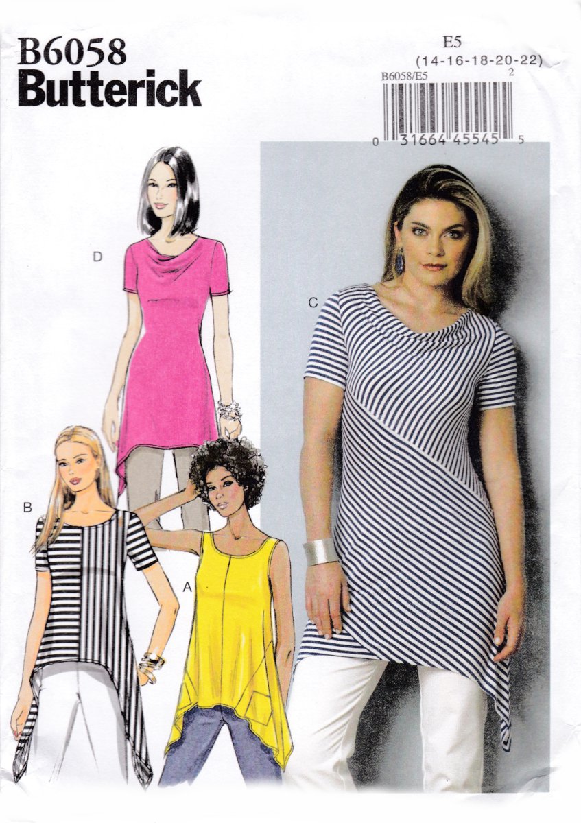 Butterick B6058 6058 Misses Tops Tunic Close Fit Knits Womens Sewing Pattern Sizes 14-16-18-20-22