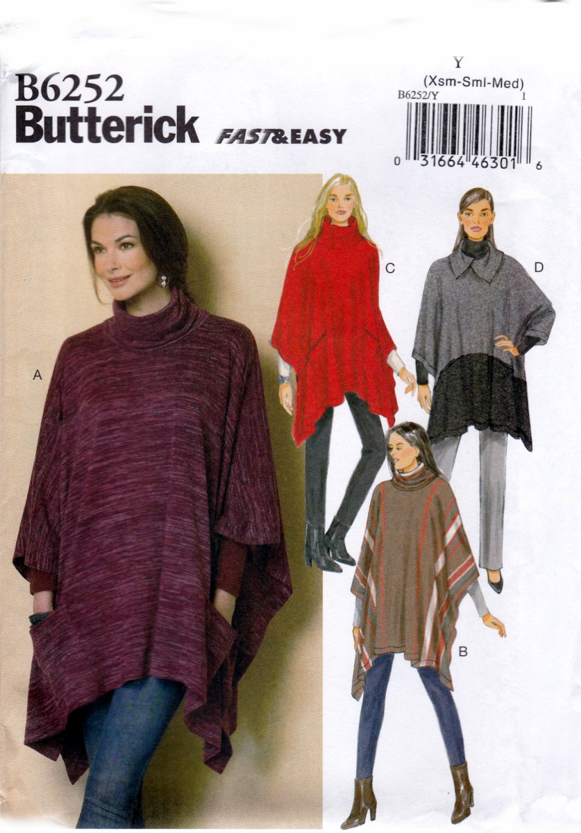 Butterick B6252 6252 Misses Poncho Pullover Easy Sew Sewing Pattern Sizes Xsm-Sml-Med