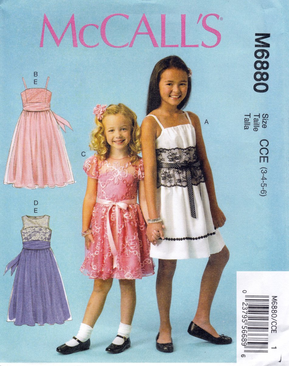 McCall's M6880 6880 Girls Dresses Lined Sash Kids Sewing Pattern Sizes 3-4-5-6