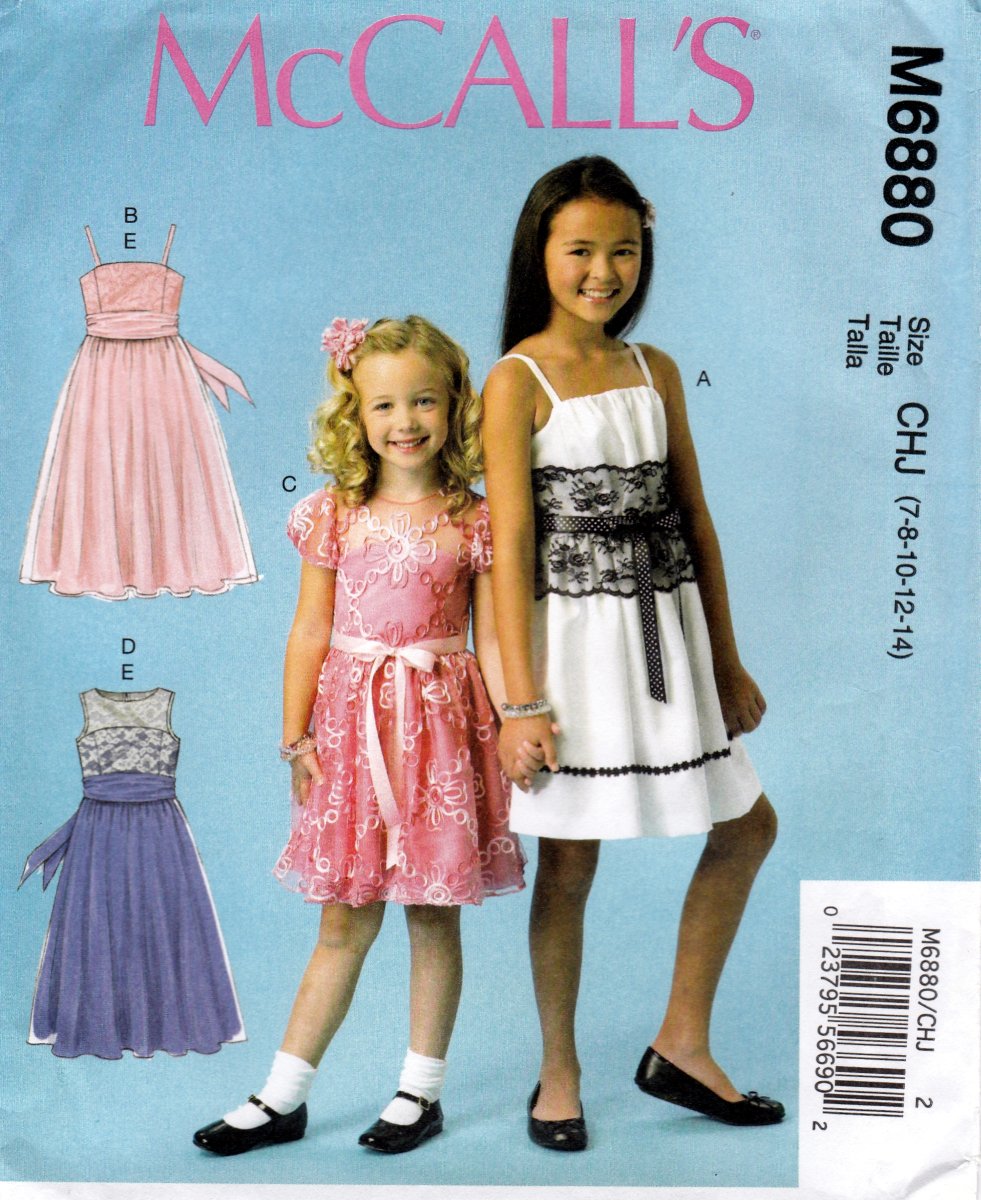 McCall's M6880 6880 Girls Dresses Lined Sash Kids Sewing Pattern Sizes 7-8-10-12-14