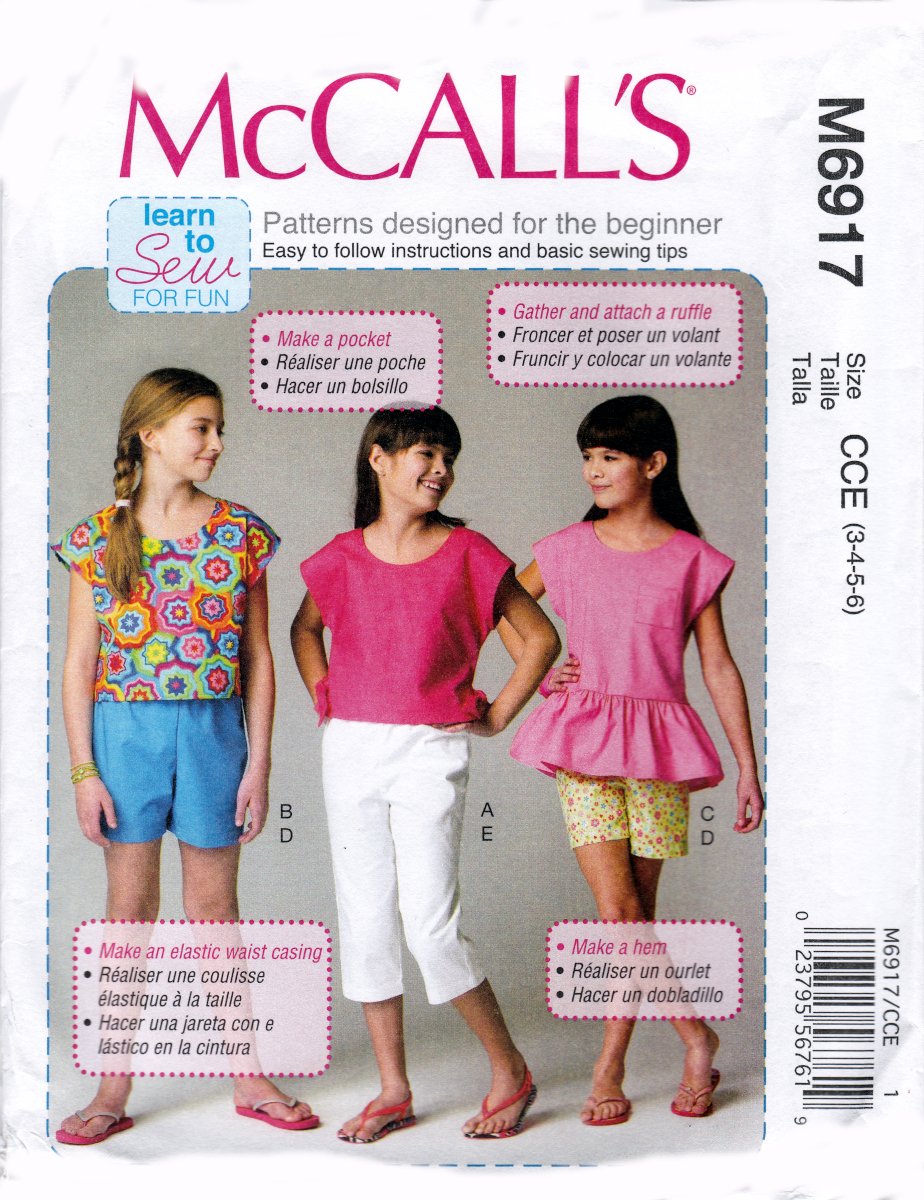 McCall's M6917 6917 Girls Shorts Pants Pullover Tops Kids Sewing Pattern Sizes 3-4-5-6