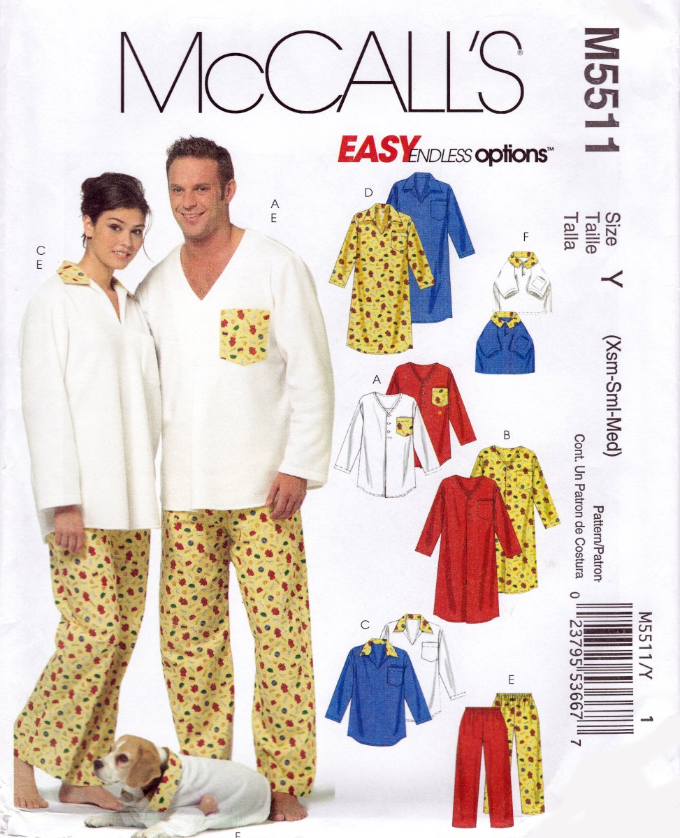 McCall's M5511 5511 Misses Mens Nightshirt Outfit Matching Dog PJ Sewing Pattern Sizes Xsm-Sml-Med