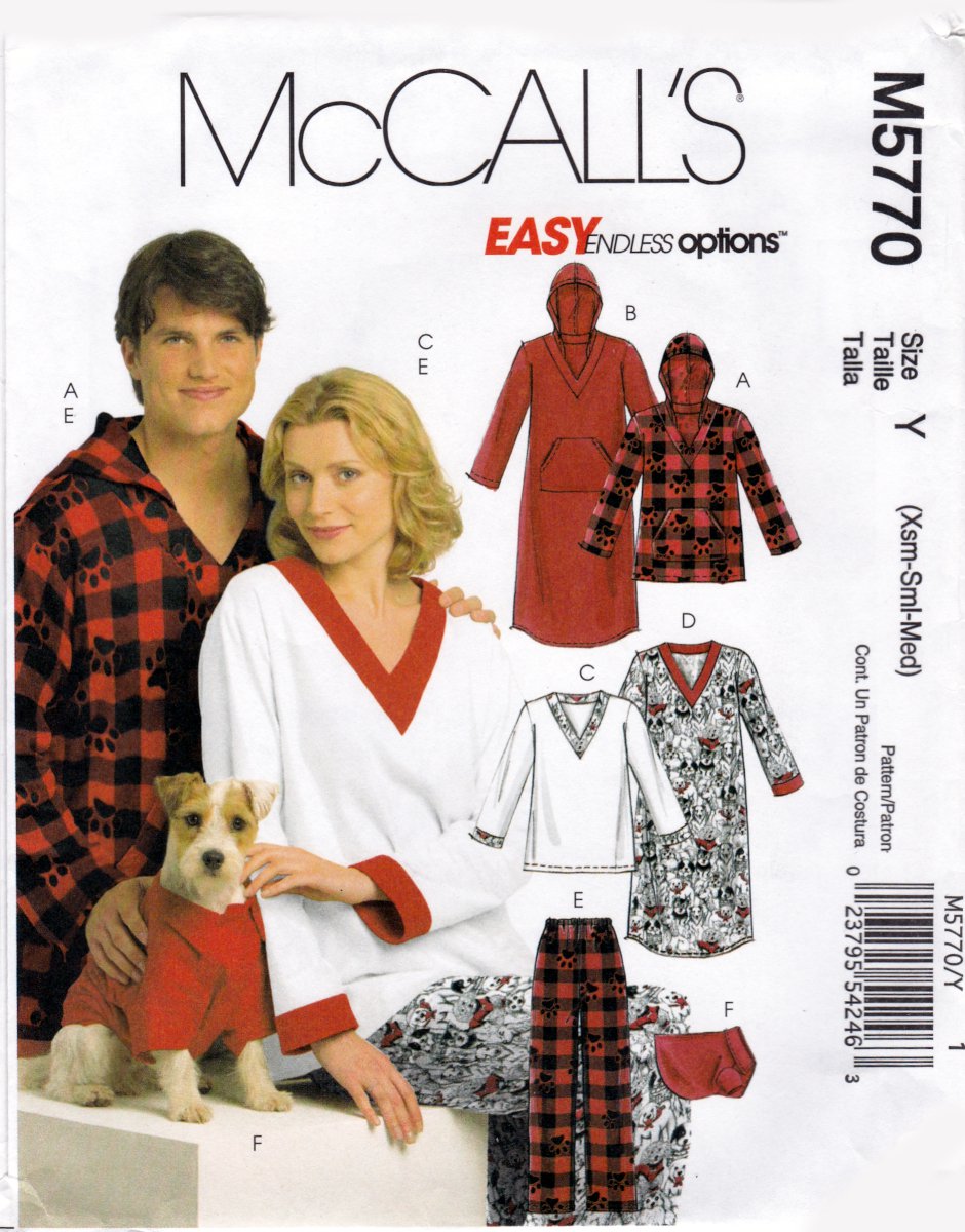 McCall's M5770 5770 Misses Mens Nightshirt Outfit Matching Dog PJ Sewing Pattern Sizes Xsm-Sml-Med