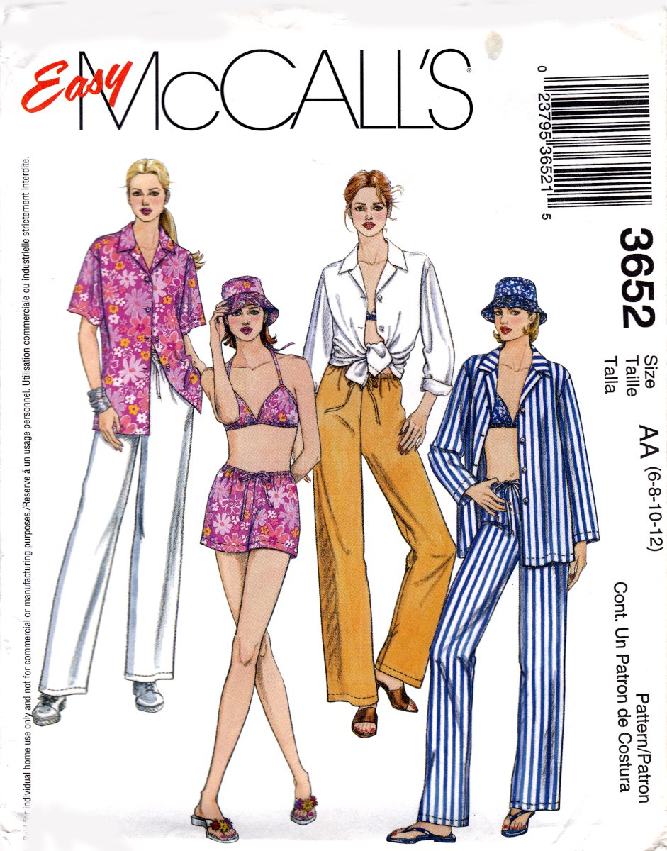 McCall's 3652 M3652 Misses Petite Shirts Bikini Top Pants Hat Easy Sewing Pattern Sizes 6-8-10-12
