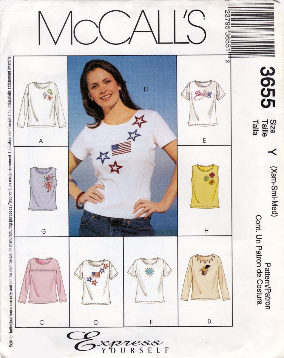 McCall's 3655 M3655 Misses Tops Stretch Knit Varying Sleeve Lengths Sewing Pattern Sizes Xsm-Sml-Med