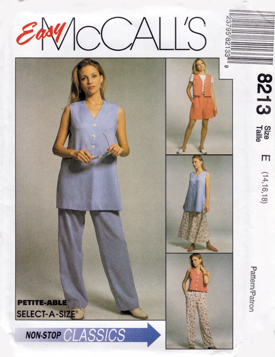McCall's 8213 M8213 Misses Pull-On Pants Skirt Shorts Vest Easy Sewing Pattern Sizes 14-16-18