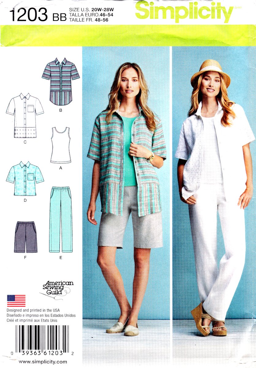 Simplicity 1203 Womens Misses Pants Shorts Shirt Knit Tank Sewing Pattern in sizes 20W-28W