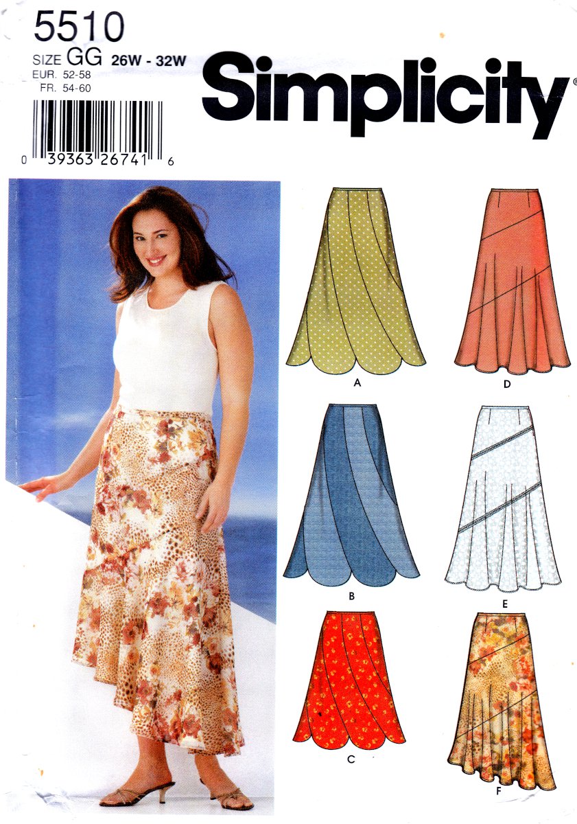 Simplicity 5510 Womens Skirts Varying Hem Styles Sewing Pattern in sizes 26W-32W
