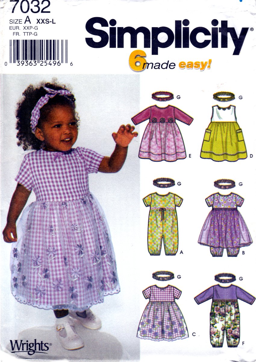 Simplicity 7032 Child Dress Romper Headband Sewing Pattern Girls Sizes XXS-L