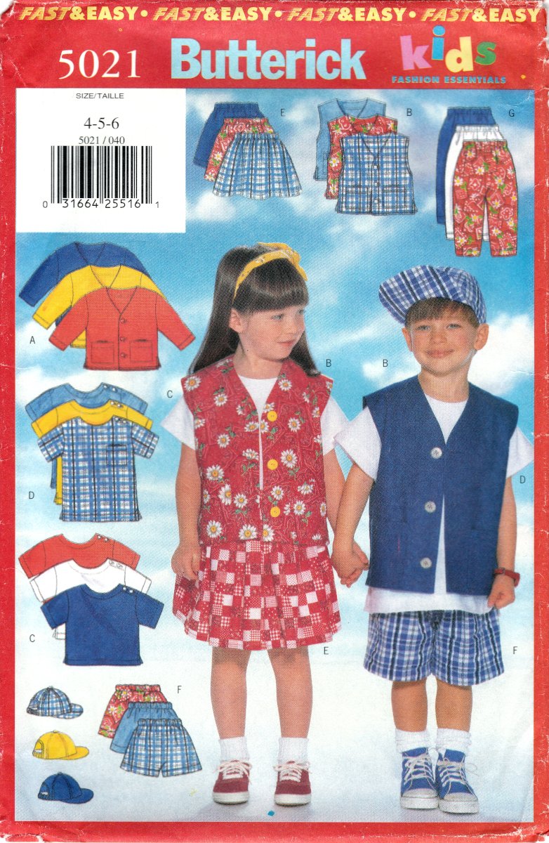 Butterick 5021 Toddlers Childs Jacket Vest Top Skirt Shorts Pants Cap Sewing Pattern sizes 4-5-6