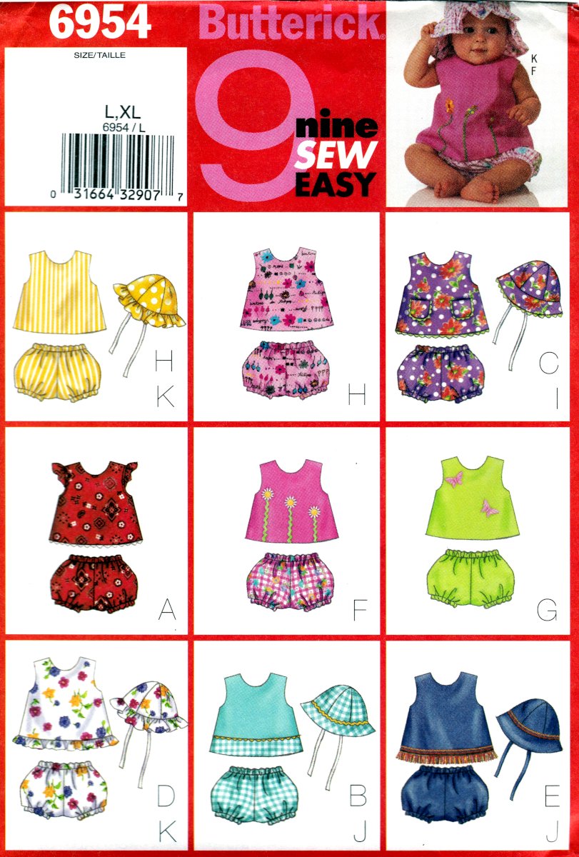 Butterick 6954 Infants Tops Panties Hats Sewing Pattern sizes L-XL