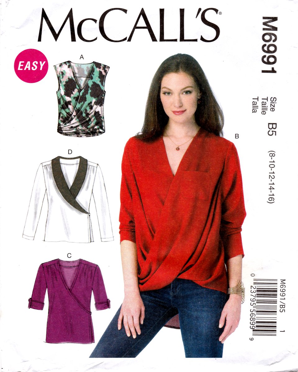 McCall's M6991 Misses Tops Loose Fitting Pullover Mock Wrap Sewing Pattern sizes 8-10-12-14-16
