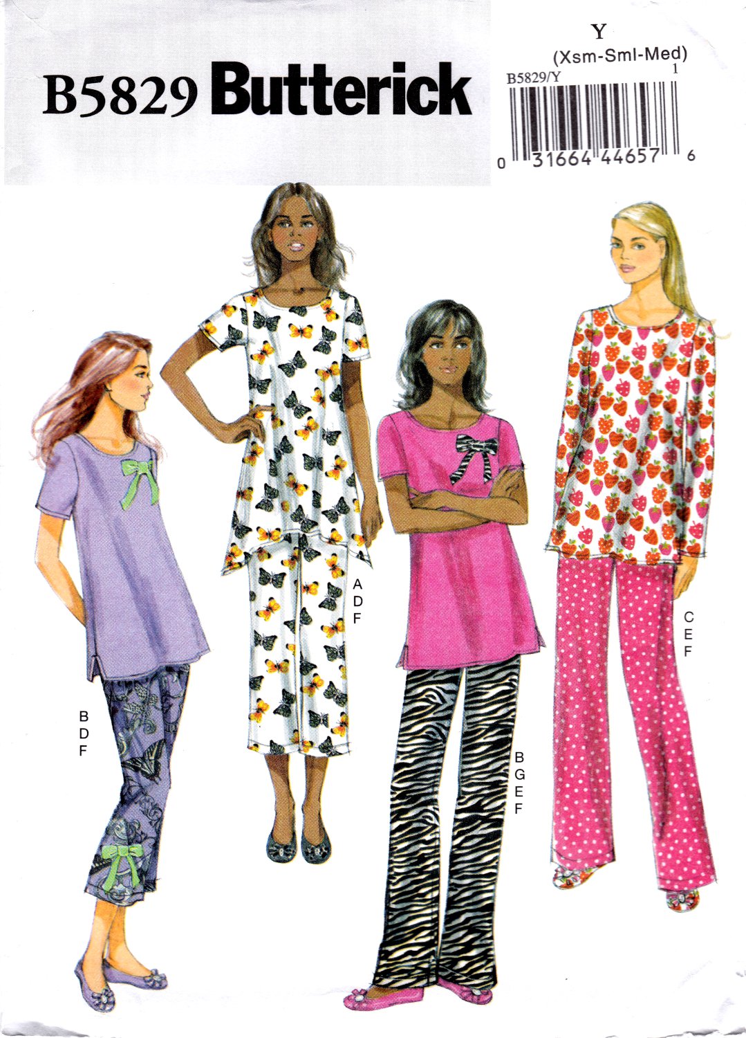 Butterick B5829 Misses Pullover Top Pants Slippers Bow Loose Fit Sewing Pattern sizes Xsm-Sml-Med