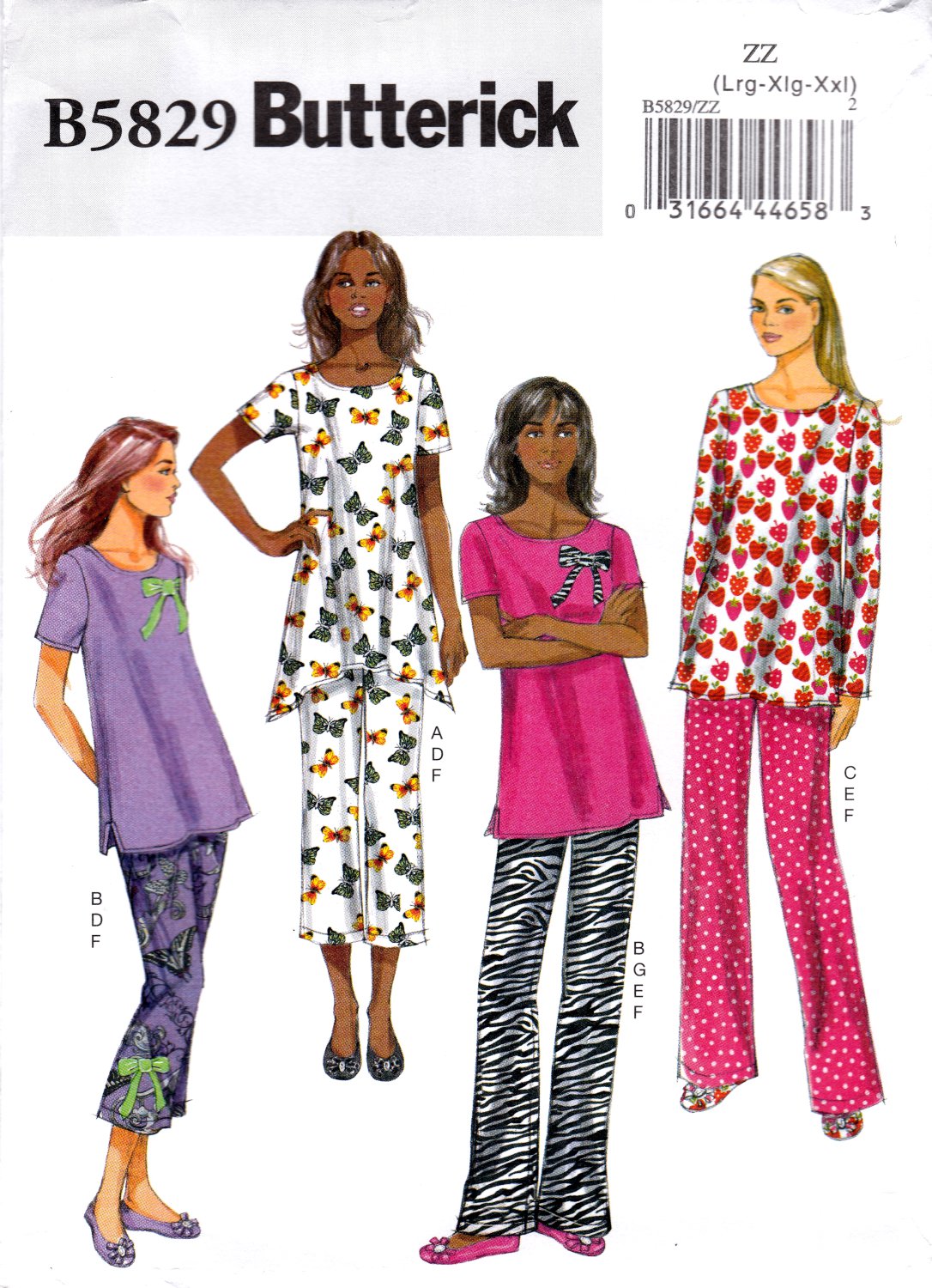 Butterick B5829 Misses Pullover Top Pants Slippers Bow Loose Fit Sewing Pattern sizes Lrg-Xlg-Xxl