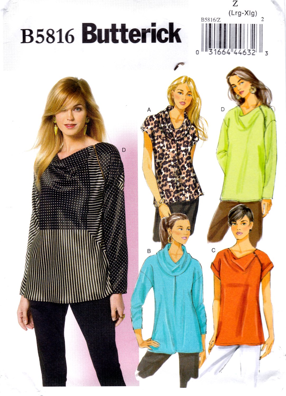 Butterick B5816 Misses Tops Pullover Loose Fitting Sewing Pattern Sizes Lrg-Xlg